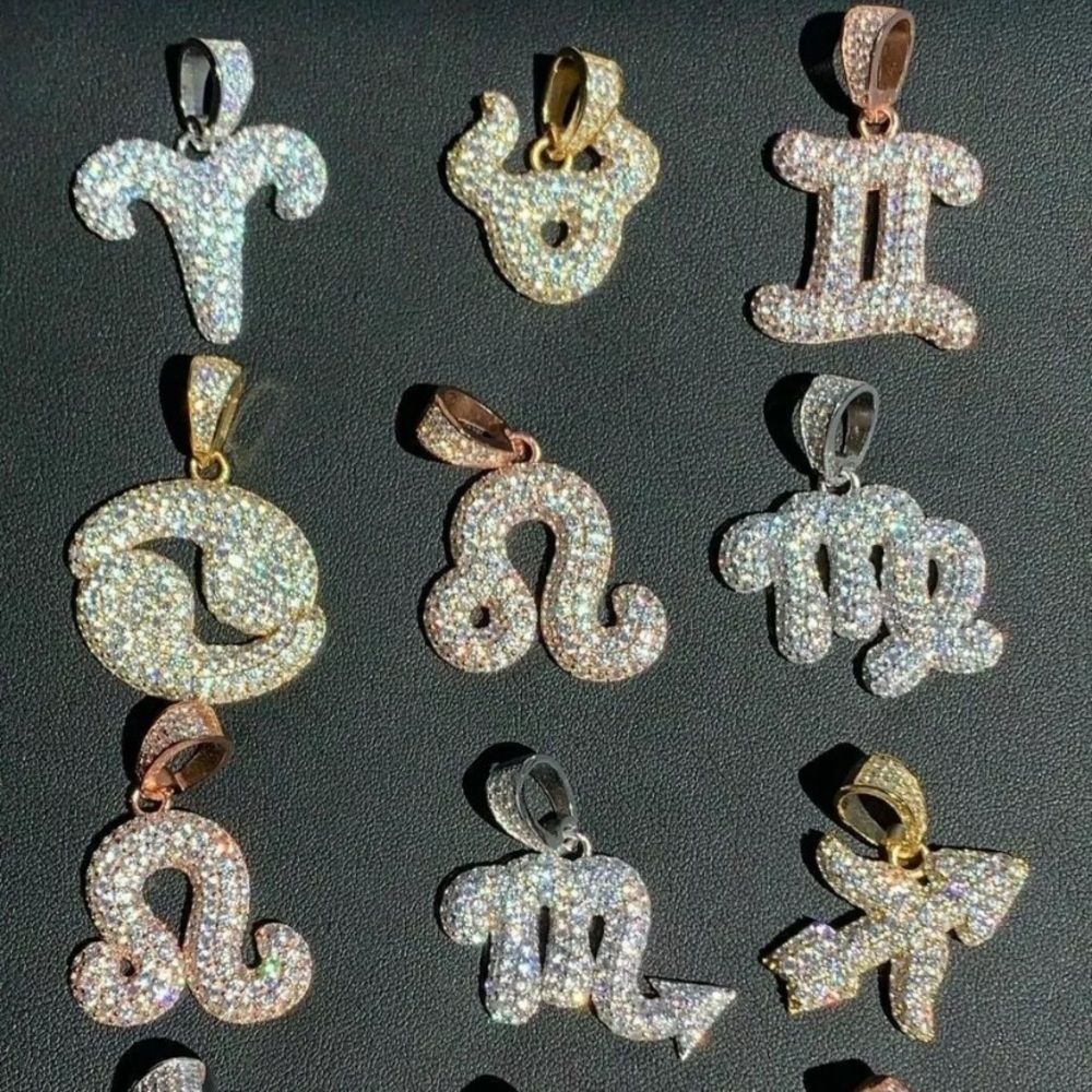 Real 925 Vermeil Gold Zodiac Sign Iced Out Pendant - Picture 1 of 6
